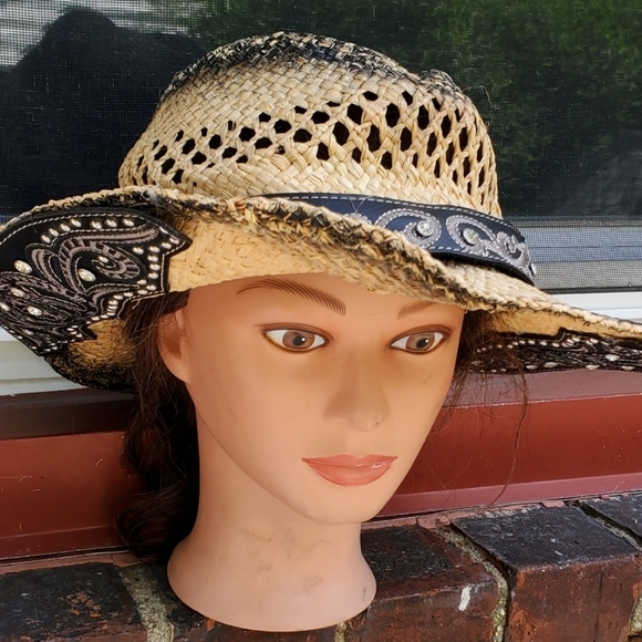 Vintage Accessories Vintage Western Style Embellished Straw Hat